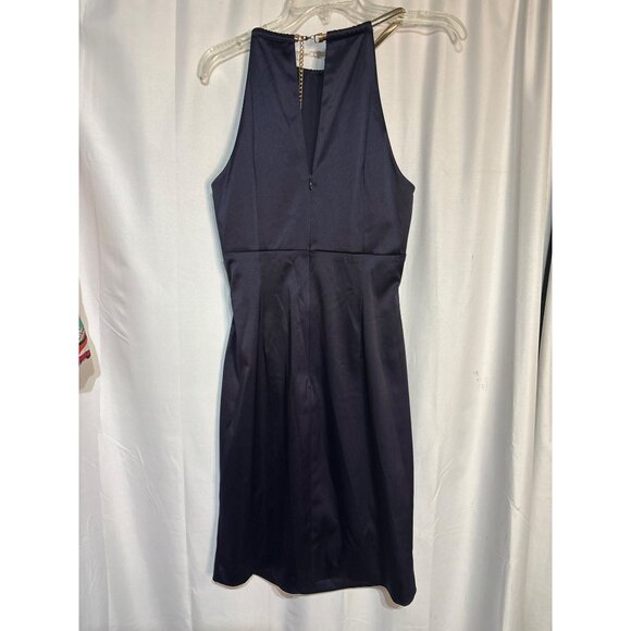 Eliza J Blue Satin Sleeveless Halter Dress With Gold Chain Detail & Back Zipper - Picture 5 of 7